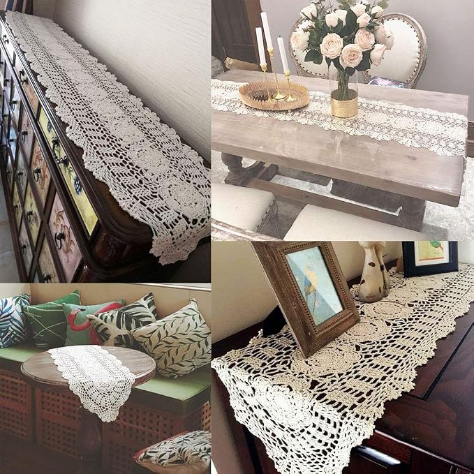 Cotton Handmade Crochet Lace Table Runner Olive Green 12x48 Inch | Oval - Image 3
