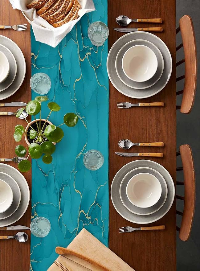 Teal Marble Table Runners 70 Inches Long, Turquoise Marble Crack Table Runner - Image 5
