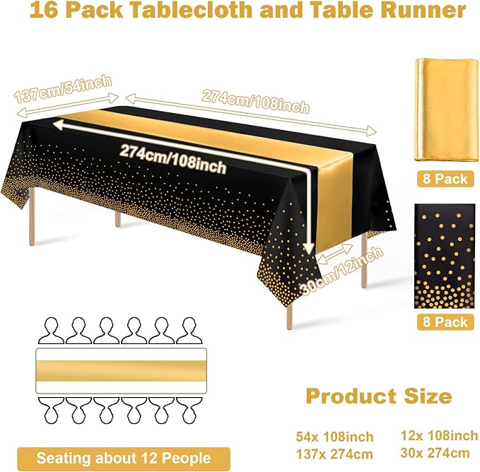 16Pack Disposable Plastic Tablecloths and Satin Table Runner Set Black Gold Dot - Image 2