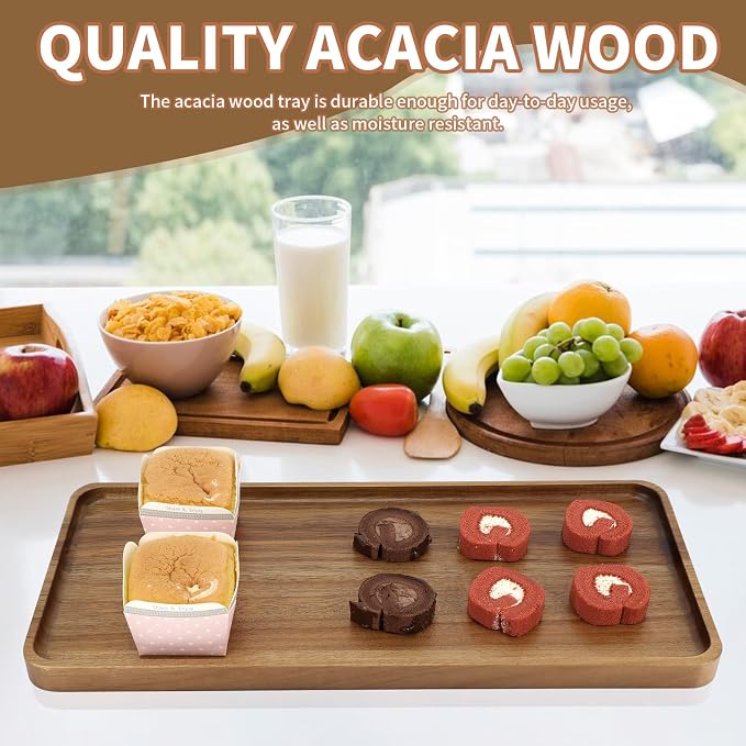 15.7" x 7" Large Solid Acacia Wood Serving Tray Rectangular Wooden Serving - Image 6