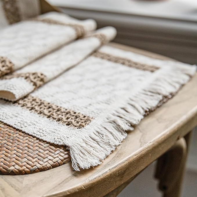Boho Placemats Set of 6, 12x18 Inch Natural Cotton Burlap and Kitchen Woven - Image 7