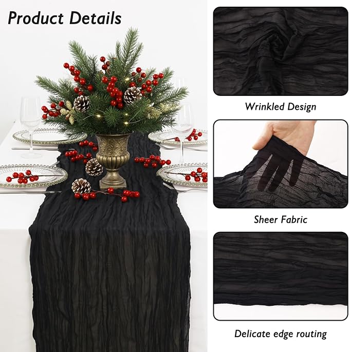 3 Pack Black Cheesecloth Table Runner 120 Inch Boho Wedding Decor | Cheesecloth - Image 3