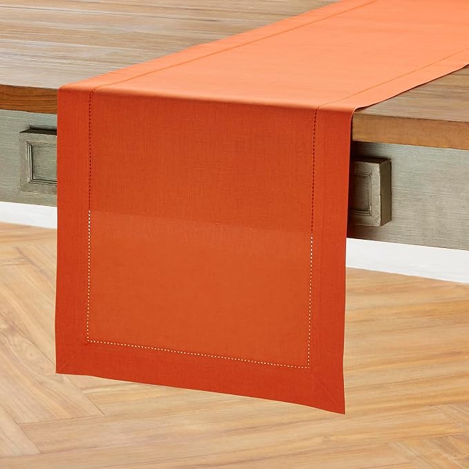 Solino Home Cotton Linen Table Runner Burnt Orange Hemstitch, 14 x 72 in | - Image 2