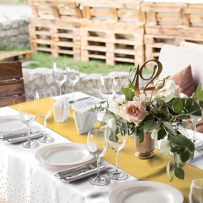 12Pack Disposable Plastic Tablecloths and Satin Table Runner Set White and Gold - Image 6