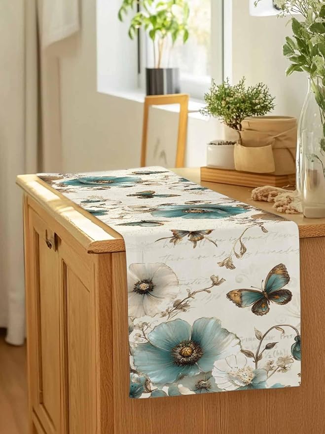 Turquoise Tulip Table Runners 72 Inches Long, Spring Vintage Botanical Table - Image 7