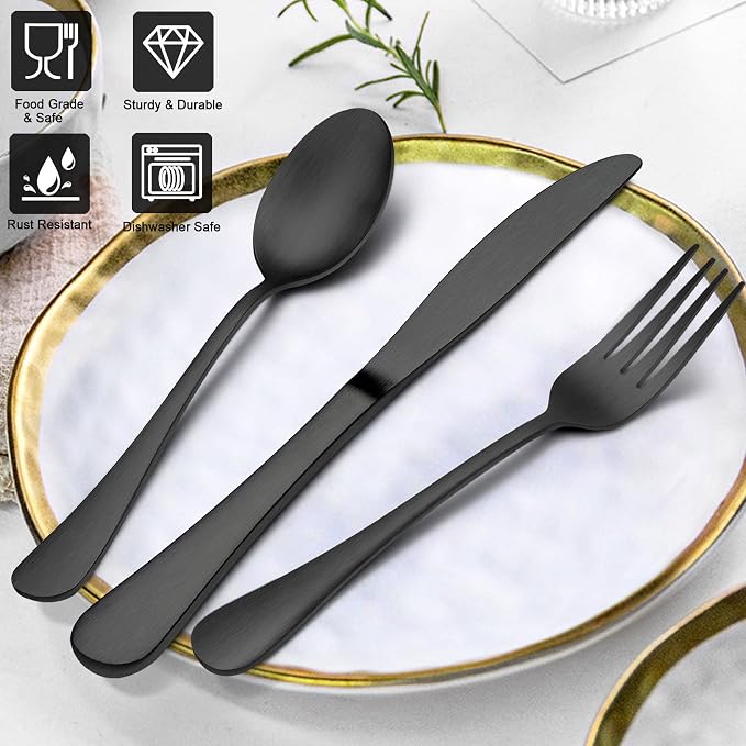 LIANYU 20 Piece Matte Black Silverware Set, Stainless Steel Black Flatware - Image 2