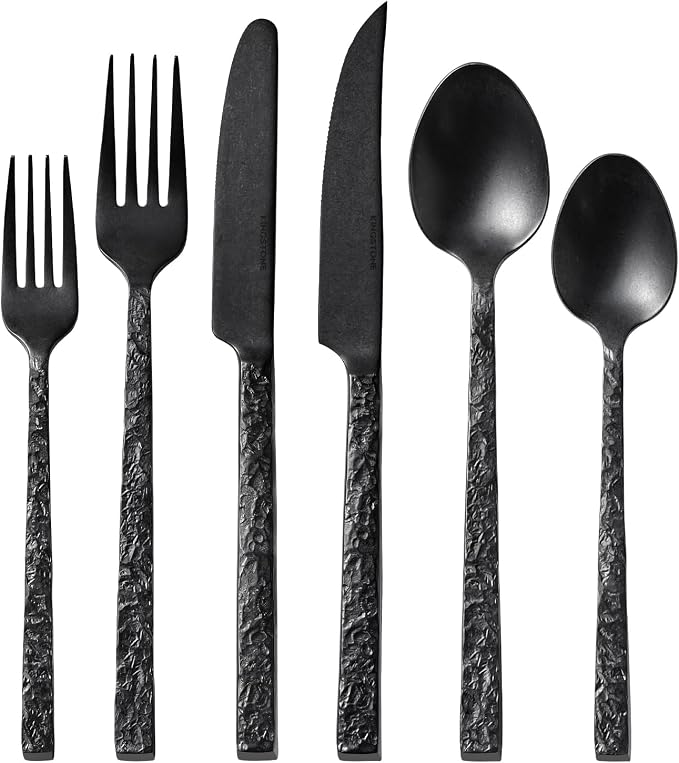 24 Pcs Black Hammered Silverware Set by KINGSTONE