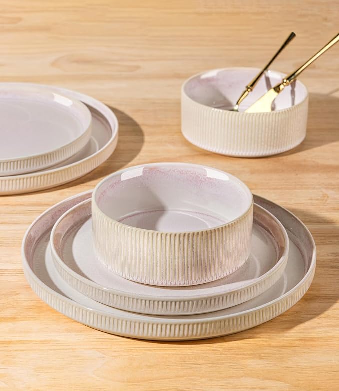 Ceramic Dinnerware Set for 4, 12-Piece Plates and Bowls Set | Lightweight - Image 4
