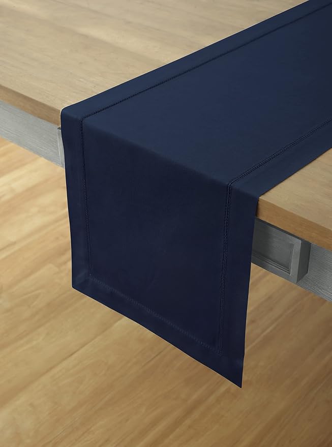 Solino Home Cotton Linen Table Runner Navy, Hemstitch Collection 14 x 36 in | - Image 2