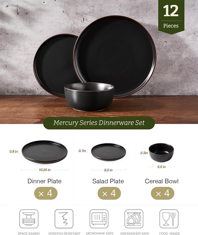 Famiware Mercury 12-Piece Stoneware Dinnerware Set, Matte Black | Plates and - Image 2