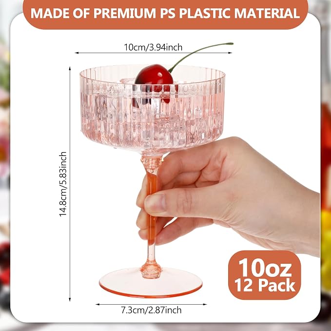 Jingmore 12 Pcs Ribbed Martini Glasses 10 oz Disposable Plastic Vintage Ribbed - Image 2