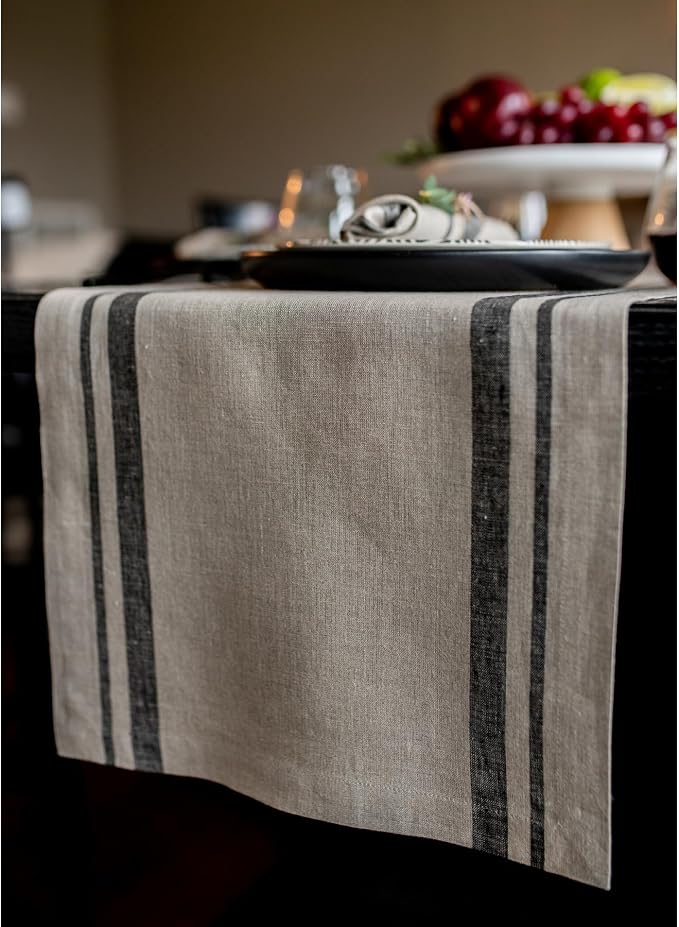 Solino Home 100% Pure Linen Table Runner, 14 x 144 in, French Stripe | Table - Image 2