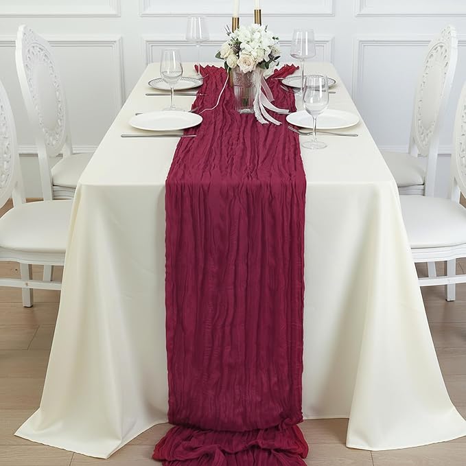 12 Pack Burgundy Red Cheesecloth Table Runner 120 Inch Boho Wedding Decor | - Image 4