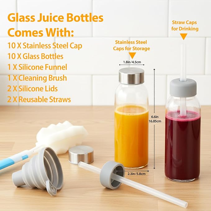 Sursip 10 oz Glass Juice Bottles, 10 Pack, Leakproof Stainless Lids | Reusable - Image 2