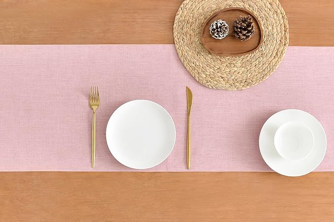 Wracra Linen Table Runner, Burlap Pink Table Runners 60 Inches Long | Rich - Image 2
