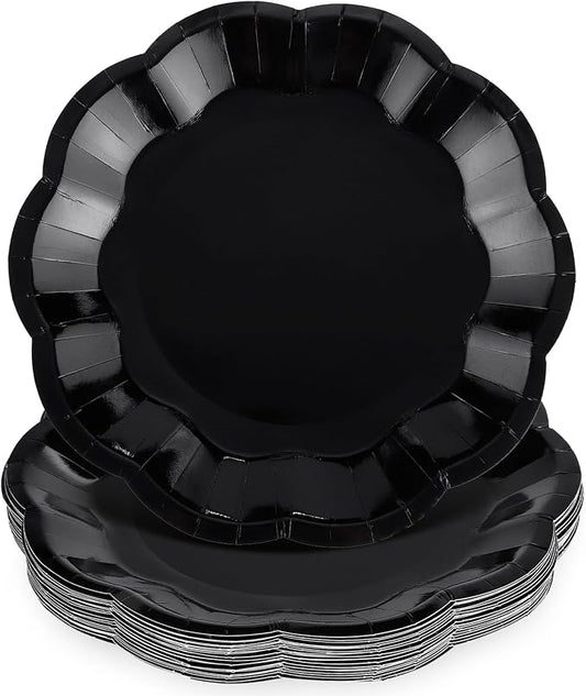 NatNarr 30 Pcs Black Paper Plates, 9 Inch Scalloped Black Plates Dinner Plate by NatNarr