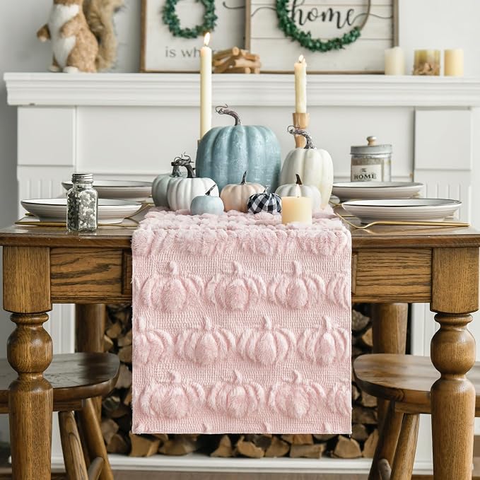 Artoid Mode Pink Soft Faux Fur Pumpkins Fall Table Runner 13x90 Inch | Seasonal - Image 3