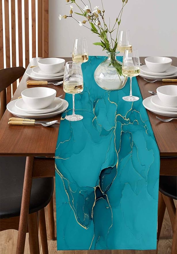 Teal Marble Table Runners 70 Inches Long, Turquoise Marble Crack Table Runner - Image 2