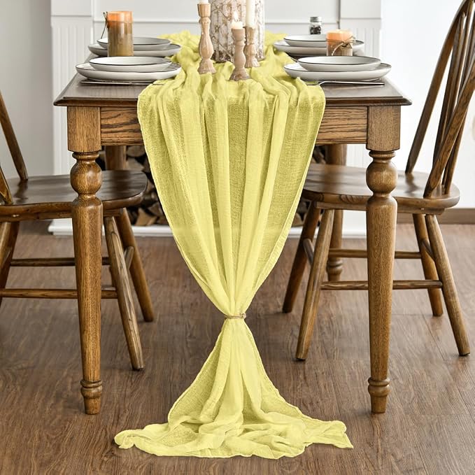 Artoid Mode Boho Light Yellow Gauze Wedding Table Runner, 120 Inch Seasonal - Image 2