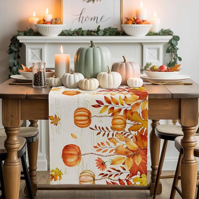 Orange Pumpkin Fall Table Runner 120 Inches Long, Thanksgiving Maple Eucalyptus - Image 2