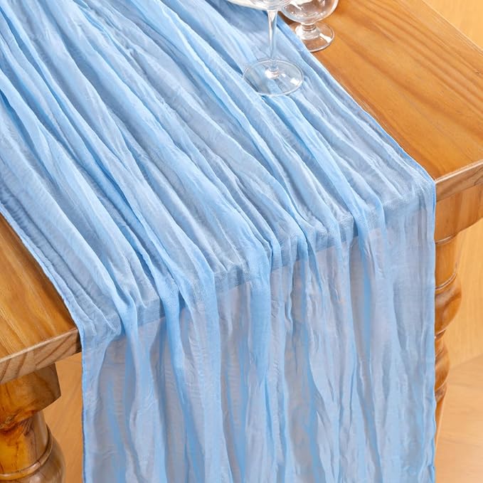 DeZerlor Baby Blue Cheesecloth Table Runners 2 Pack Summer Boho Runners | - Image 2
