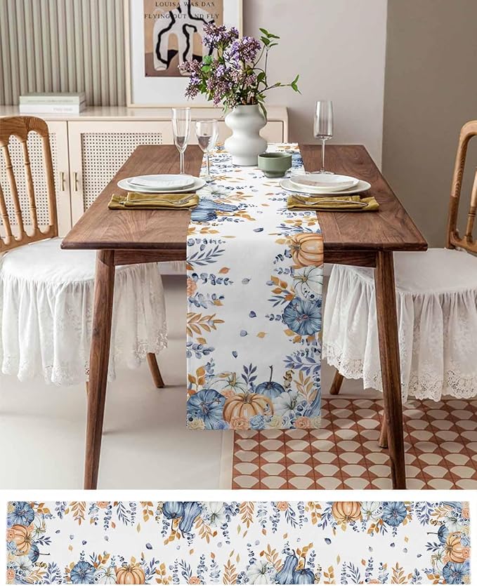 Blue Pumpkin Fall Table Runner 120 Inches Long, Thanksgiving Floral Eucalyptus - Image 4