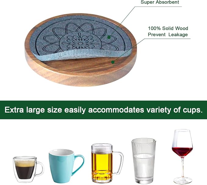 Wood Coasters for Drinks, Absorbent Coaster Sets of 5, Drinks Coasters for - Image 6