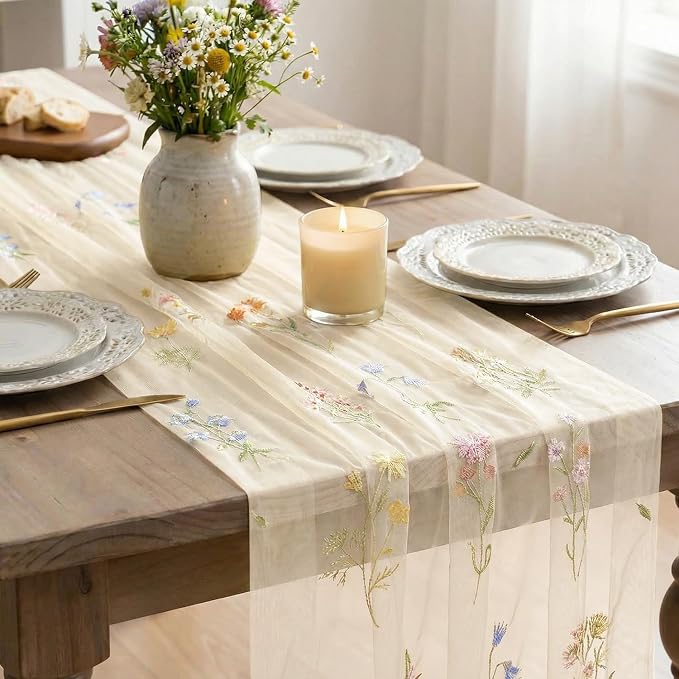 Artoid Mode 3PC Wildflower Floral Beige Apricot Gauze Embroidery Table Runner - Image 4