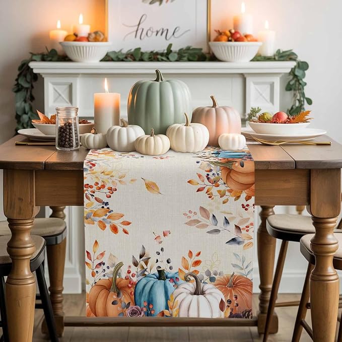 Orange Blue Pumpkin Fall Table Runner 48 Inches Long, Thanksgiving Eucalyptus - Image 2