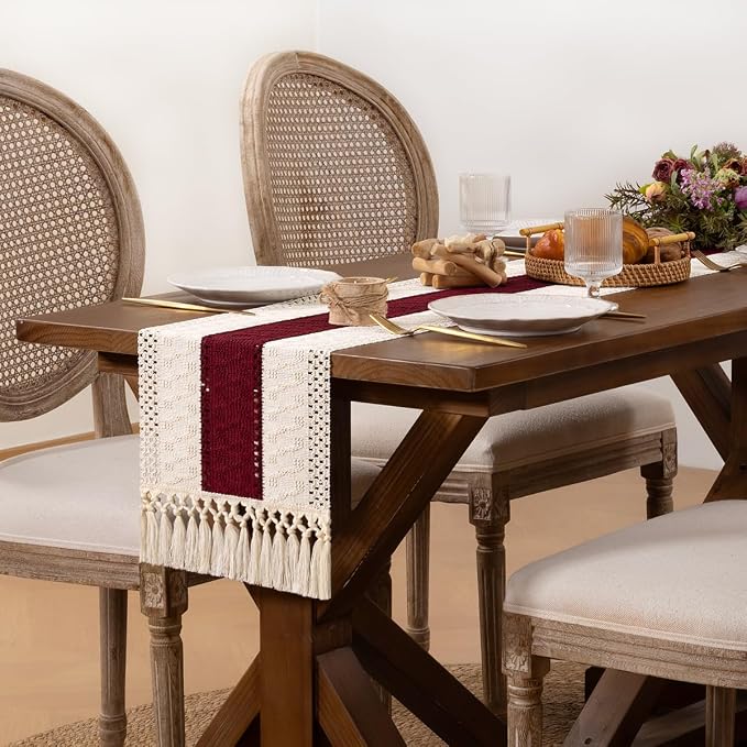 DeZerlor Ivory&Burgundy Boho Macrame Farmhouse Woven Table Runner 60Inch | - Image 3