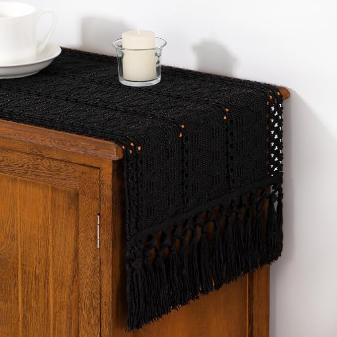 DeZerlor Black Boho Macrame Farmhouse Woven Table Runner 72Inch | Cotton Linen - Image 4