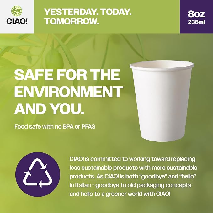 CIAO! 8oz White Paper Hot Cup, Disposable, 80mm Diameter 500 Count - Image 3