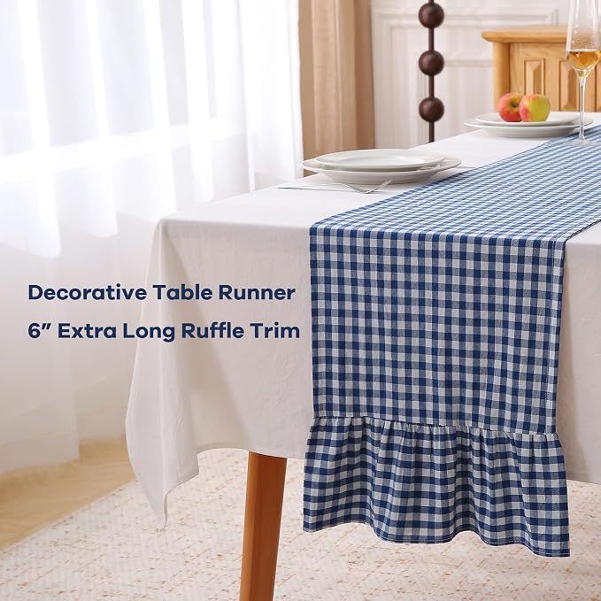 Navy Blue White Plaid Gingham Ruffle Table Runner 120 inches Long 100% Washed - Image 3