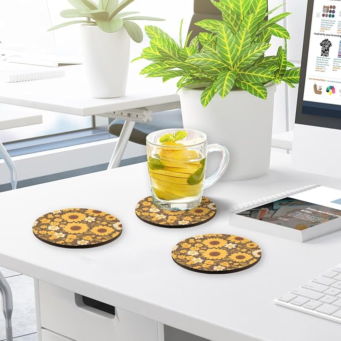 Sunflower Cow Leather Skin Brown Pattern Aesthetic Drink Coasters 4 Piecing Set - Image 7