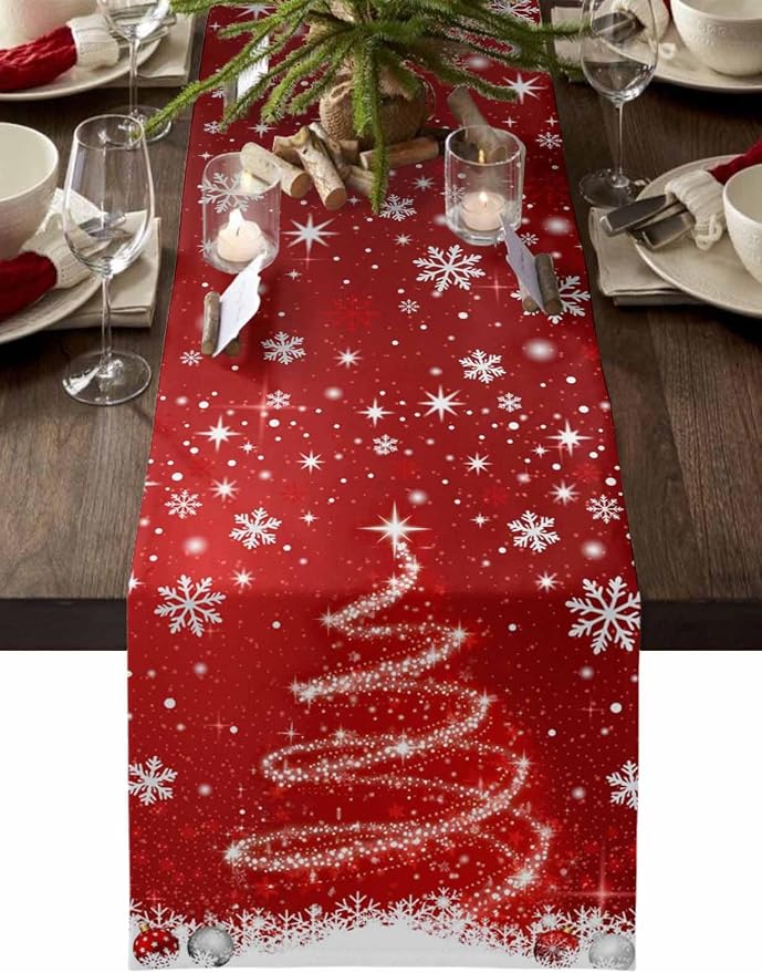 Red Christmas Table Runner 72 Inches Long, Xmas Tree Balls Snowflake Table by Unknown
