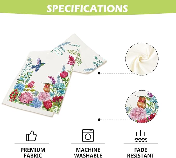 Summer Hummingbirds Floral Table Runner Green Leave Burlap Table Runners - Image 6