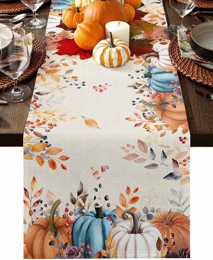 Orange Blue Pumpkin Fall Table Runner 48 Inches Long, Thanksgiving Eucalyptus by Unknown