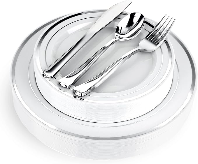 125-Piece White and Silver Fancy Plastic Plates Disposable by StockYourHome