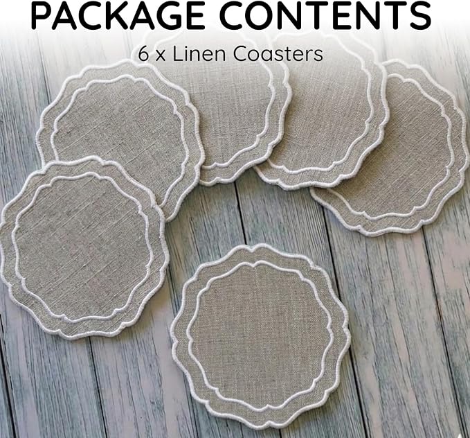 Drink Coasters Set of 6, 6x6 inch, Absorbent Linen Drink Mats - Image 2
