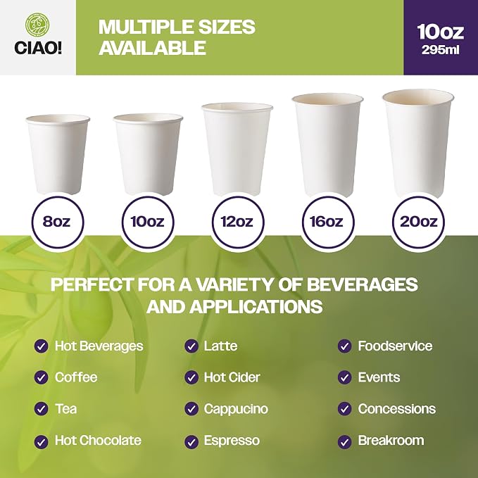 CIAO! 10oz White Paper Hot Cup, Disposable, 90mm Diameter 1 - Image 5