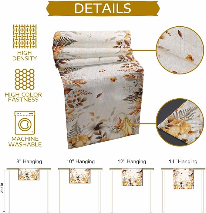 White Golden-Yellow Pumpkin Fall Table Runner 36 Inches Long, Thanksgiving - Image 8