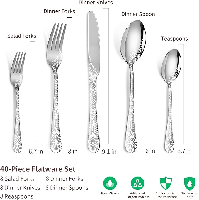 40 Piece Silverware Set, Stainless Steel Flatware Cutlery Set Service - Image 2
