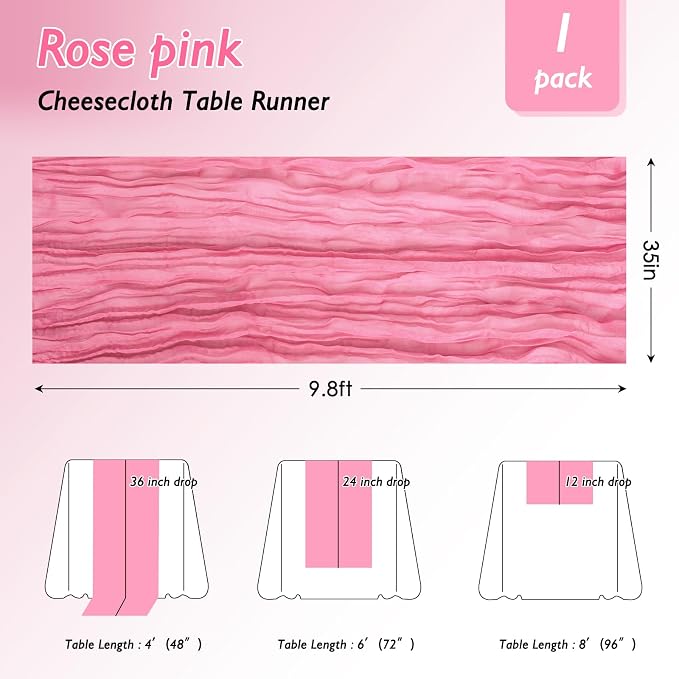 1 Pack Rose Pink Cheesecloth Table Runner 120 Inch Boho Wedding Decor | - Image 2
