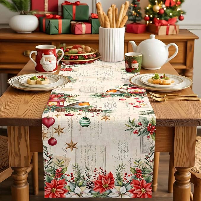 Christmas Poinsettia Table Runner 72 Inches Long, Winter Xmas Balls Birds Table - Image 5