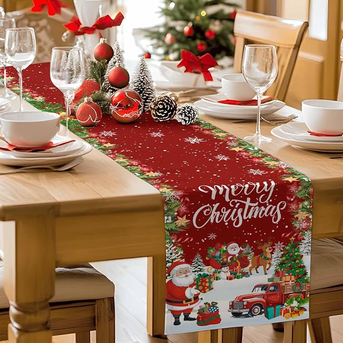 Merry Christmas Table Runner 60 Inches Long, Santa Xmas Tree Snowflake Table - Image 9