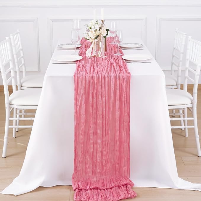 1 Pack Rose Pink Cheesecloth Table Runner 120 Inch Boho Wedding Decor | - Image 4