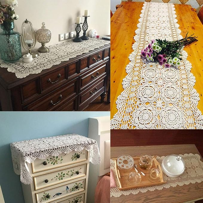 Cotton Handmade Crochet Lace Table Runner Olive Green Rectangle Coffee Table - Image 2