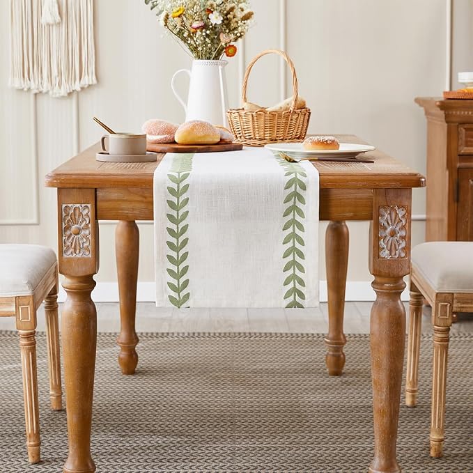 Wracra Embroidered Table Runner, Sage Green Table Runners 72 Inches Long | - Image 2