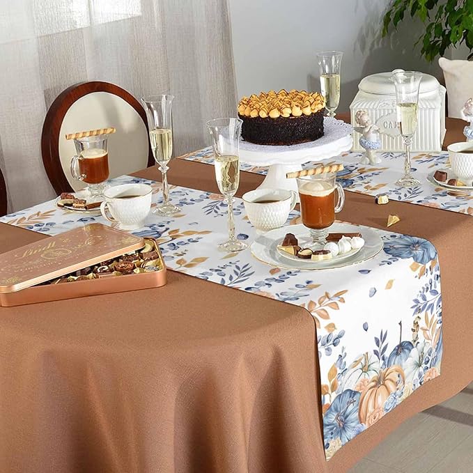 Blue Pumpkin Fall Table Runner 72 Inches Long, Thanksgiving Floral Eucalyptus - Image 5