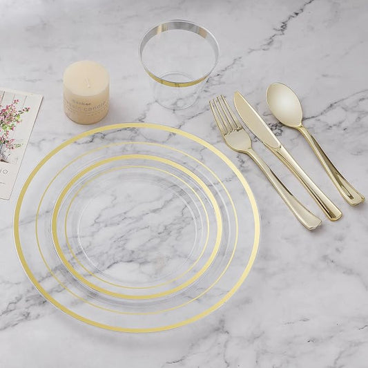 BESTVIP 450PCS Clear Gold Dinnerware Set by Bestvip